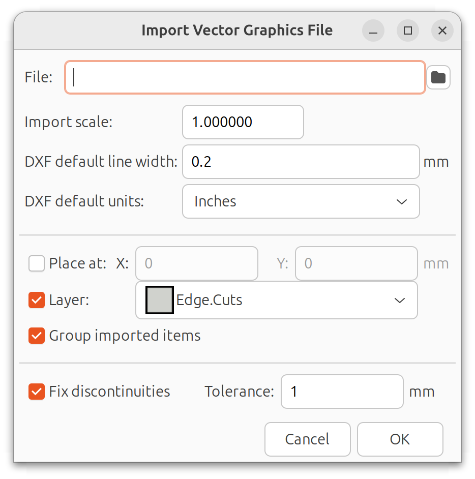 Graphics Import Dialog with Edge Cuts as import layer