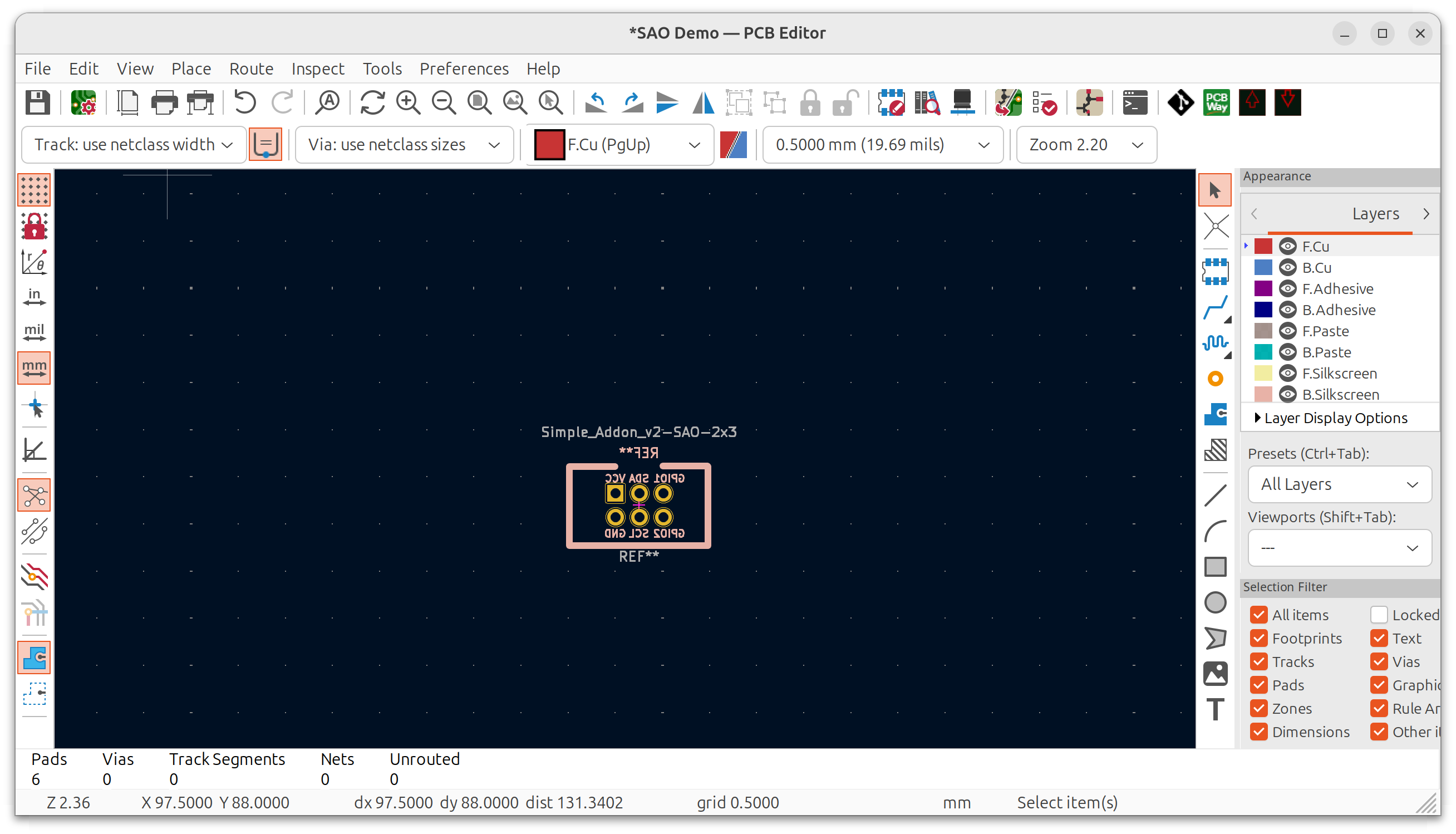 SAO v2 Foot print on otherwise blank KiCAD PCB